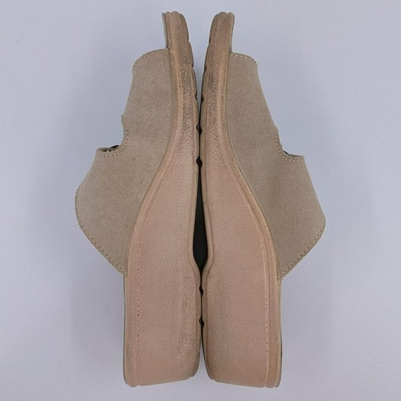 Fly Flot Slides 37 5.5 Tan Leather Two Strap Buckle Open Toe Italy Made Comfort - Picture 10 of 14